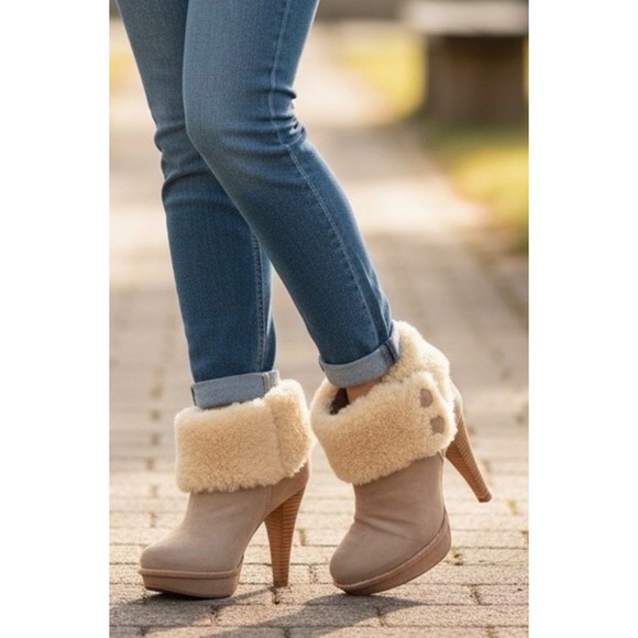 UGG Shoes - UGG Boots Women's Georgette Ankle Platform Tan w Cozy Cream Fur Cuff Sz 7